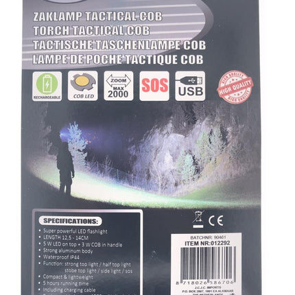 Hofftech Tactical 2-in-1 LED & COB Zaklamp – 5W + 3W – Oplaadbaar – 1200 mAh – 5 Modi