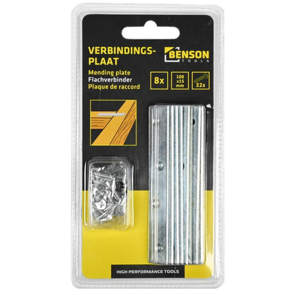 Benson Verbindingsplaat 8-delig – 100 x 15 mm – Inclusief 32 Schroeven
