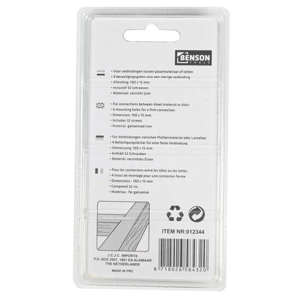 Benson Verbindingsplaat 8-delig – 100 x 15 mm – Inclusief 32 Schroeven