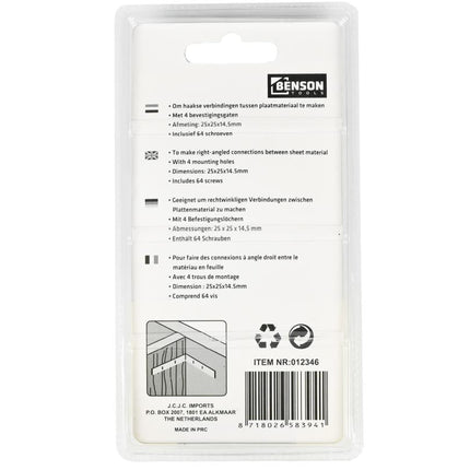 Benson Stoelhoek 16-delig – 25 x 25 x 14.5 mm – Inclusief 64 Schroeven