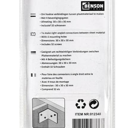 Benson Versterkingshoek 8-delig – 30 x 30 x 30 mm – Inclusief 32 Schroeven
