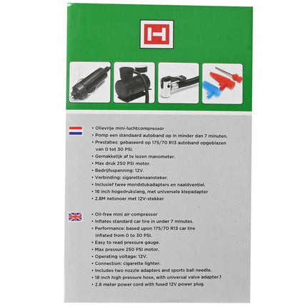 Hofftech Compacte 12V Compressor - 250 PSI / 17 Bar - Met Accessoires