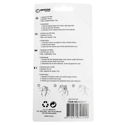 Benson Ophanghaken met Zuignap - Wit - Ø 55 mm - 2-delig - Draagvermogen 2 kg