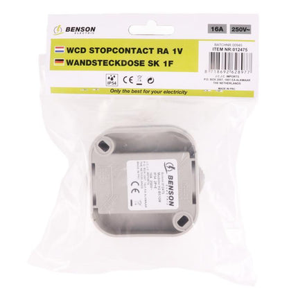 Benson Enkel Buitenstopcontact – IP54 Waterdicht – Grijs/Antraciet