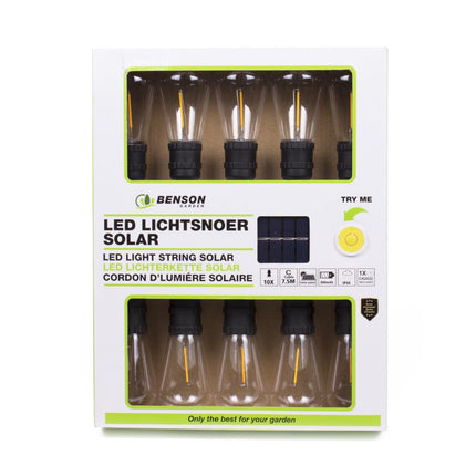 Benson Solar LED Lichtsnoer – 10 Filament Lampen – 7,5 Meter – Warm Wit