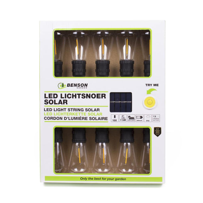Benson Solar LED Lichtsnoer – 10 Filament Lampen – 7,5 Meter – Warm Wit