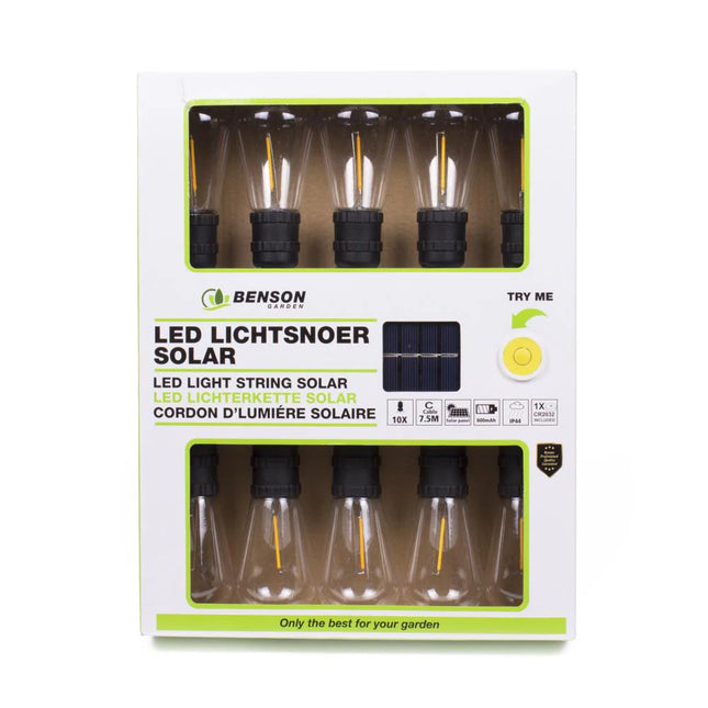 Benson Solar LED Lichtsnoer – 10 Filament Lampen – 7,5 Meter – Warm Wit