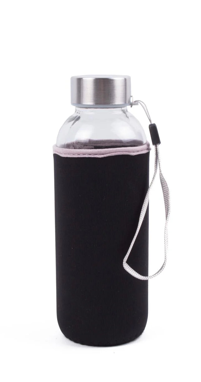 Benson Glazen Drinkfles - 420 ml - Inclusief Zwarte Neopreen Hoes - Thermisch