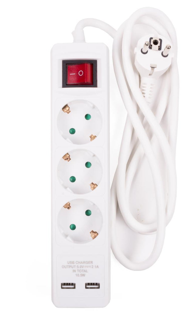 Benson Stekkerdoos met Schakelaar & USB – 3-voudig – 3 meter – Randaarde – Wit