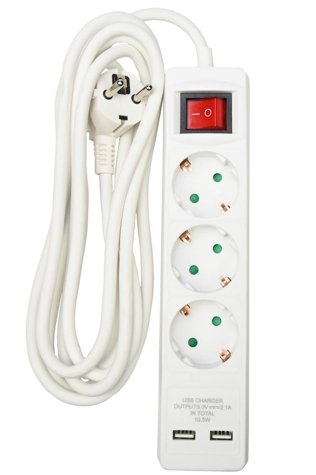 Benson Slimme Stekkerdoos met USB – 3-voudig – 3 meter – Randaarde – Wit