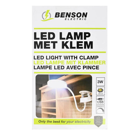 Benson Oplaadbare LED-Klemlamp – 3W – Flexibele Hals – 3 Dimstanden – USB-oplaadbaar