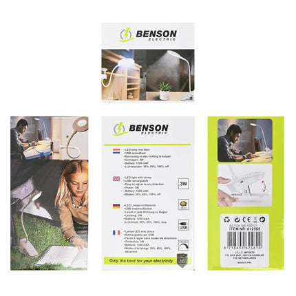 Benson Oplaadbare LED-Klemlamp – 3W – Flexibele Hals – 3 Dimstanden – USB-oplaadbaar