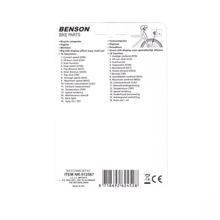 Benson Draadloze Fietscomputer - 16 Functies - Groot LCD Display - Zwart