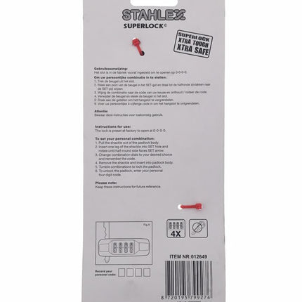 Stahlex Beugelcijferslot - 4-cijferig - 75 x 200 mm - Programmeerbaar - Zwart