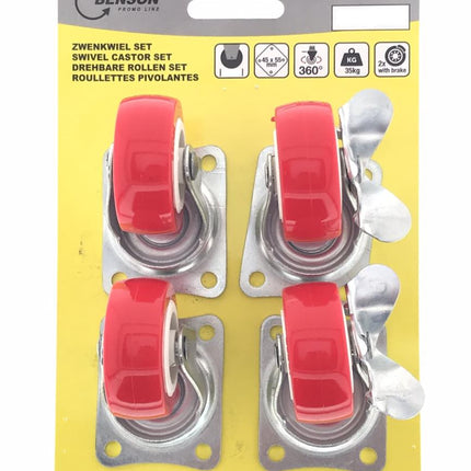Benson Zwenkwielen Set 50 mm Rood - 4 Stuks (2x met rem)