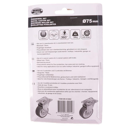 Benson Zwenkwielen Set 75 mm - 4 Stuks (2x met rem, 2x zonder)