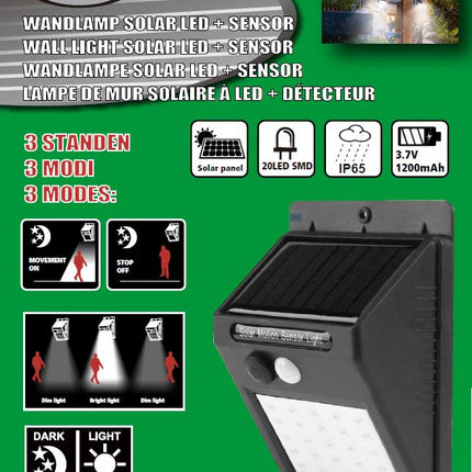 Hofftech Solar LED Wandlamp – PIR Bewegingssensor – IP65 Waterdicht – Oplaadbaar