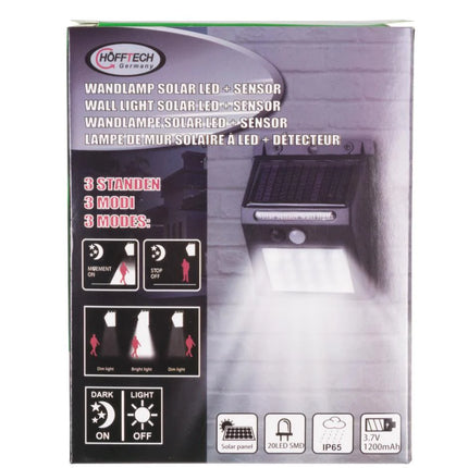 Hofftech Solar LED Wandlamp – PIR Bewegingssensor – IP65 Waterdicht – Oplaadbaar