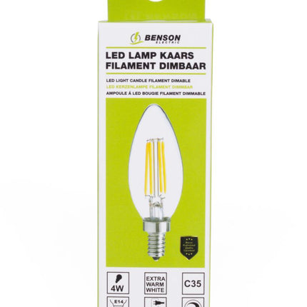 Benson Dimbare LED Filament Kaarslamp – C35 – 4W – E14 – Warm Wit