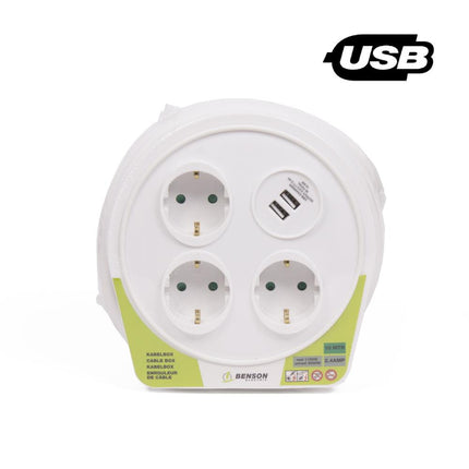 Benson Kabelbox – 10 meter – 3 Stopcontacten – 2 USB Poorten – Wit