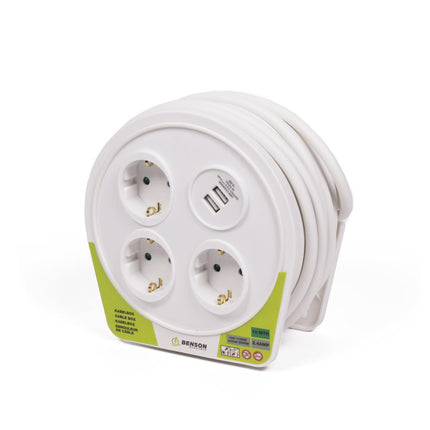 Benson Kabelbox – 10 meter – 3 Stopcontacten – 2 USB Poorten – Wit