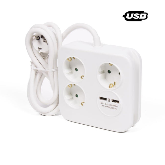 Benson Vierkante Stekkerdoos met USB – 3-voudig – 1,5 meter – Wit