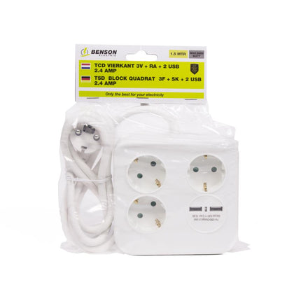 Benson Vierkante Stekkerdoos met USB – 3-voudig – 1,5 meter – Wit