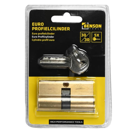 Benson Euro Profielcilinder – 30/30 (60 mm) – Messing Look – Inclusief 5 Sleutels