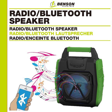 Benson Bluetooth Speaker met Radio - LED-verlichting - 34 cm - Zwart/Groen