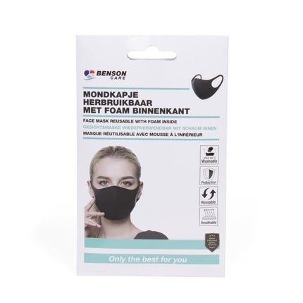 Benson Herbruikbaar Mondkapje – Zwart – Comfortabel Foam – Wasbaar