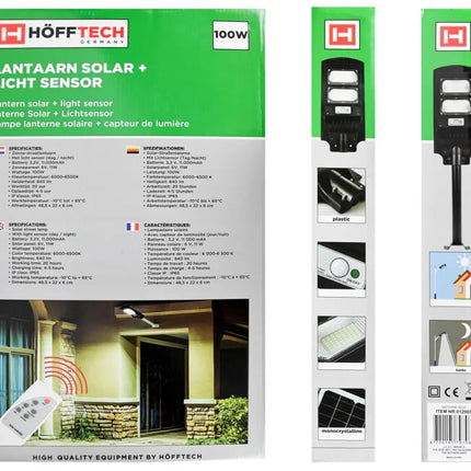 Hofftech Solar LED Lantaarn – 100W – 11.000 mAh – IP65 – Incl. Muurbeugel