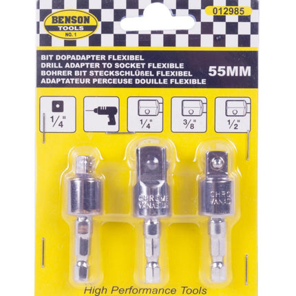 Benson Flexibele Dopadapter Set - 3-delig - 1/4", 3/8" & 1/2" - Voor Boormachine