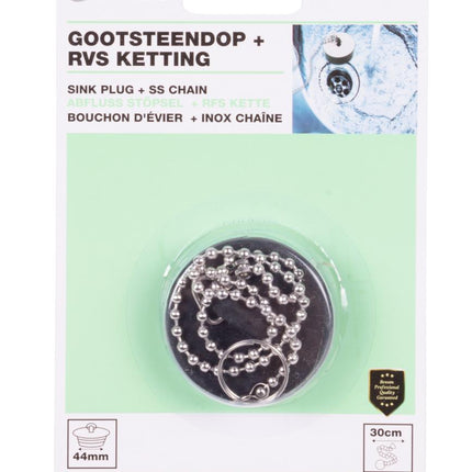 Benson Gootsteendop - Ø 44 mm - Inclusief RVS Ketting 30 cm - Zwart Rubber