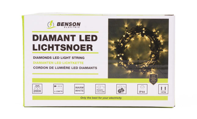 Benson LED Lichtsnoer Diamant – 200 LED's – 25 Meter – Warm Wit – Timer & Dimmer