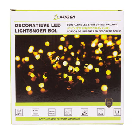 Benson LED Lichtsnoer – 400 Warm Witte LEDs – 14,5 Meter – Kersvormige Bollen