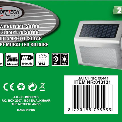 Hofftech Solar LED Wandlamp RVS – Set van 2 – Lichtsensor – 400 mAh