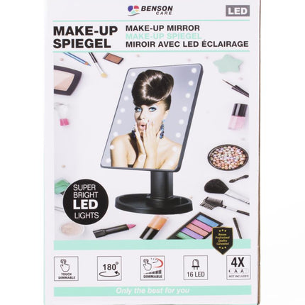 Benson Make-up Spiegel – LED Touch – Dimbare Verlichting – 16 LEDs – Zwart