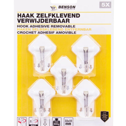 Benson Verwijderbare Handdoekhaken - Zelfklevend - 5-delig - 3,3 x 3,3 cm