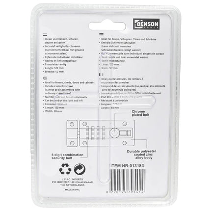 Benson Deurschuif met Cijferslot – 120 mm – 4-Cijferige Code – Corrosiebestendig
