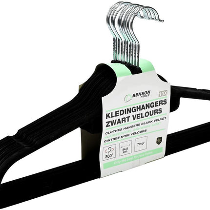 Benson Velours Kledinghangers - Anti-slip - Zwart - Set van 10