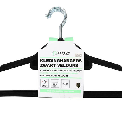 Benson Velours Kledinghangers - Anti-slip - Zwart - Set van 10