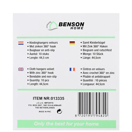 Benson Velours Kledinghangers - Anti-slip - Zwart - Set van 10