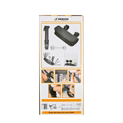 Benson Deluxe Fietsreparatieset in Etui - 16-delig - Inclusief Minipomp & Multitool - Zadeltas Bevestiging