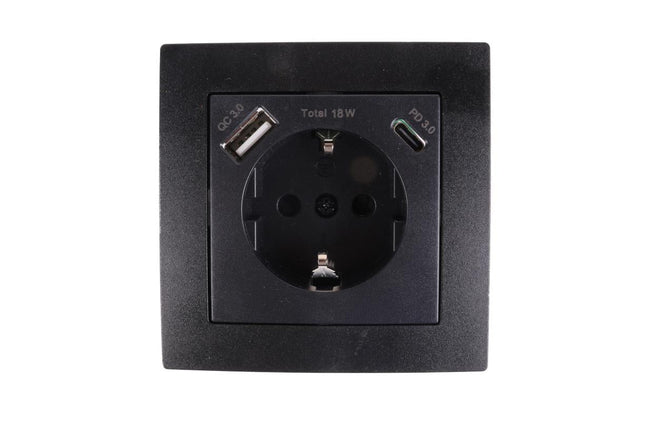 Benson Inbouw Stopcontact met USB-A & USB-C – Randaarde – Zwart