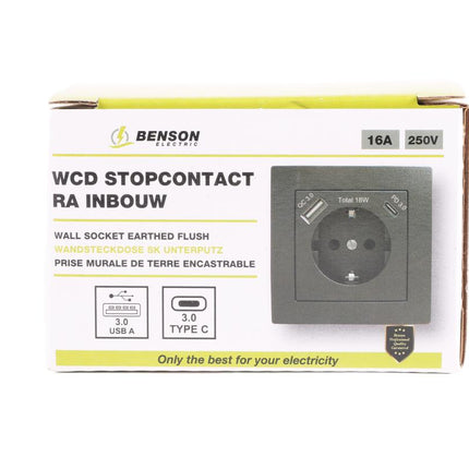 Benson Inbouw Stopcontact met USB-A & USB-C – Randaarde – Zwart