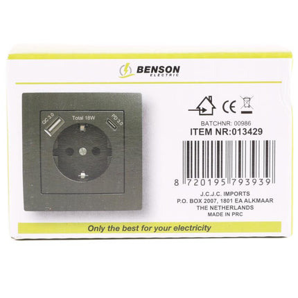 Benson Inbouw Stopcontact met USB-A & USB-C – Randaarde – Zwart