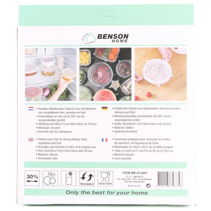 Benson Rekbare Siliconen Afdekhoesjes - 6 Maten - Herbruikbaar - Vaatwasserbestendig - Set van 6 stuks