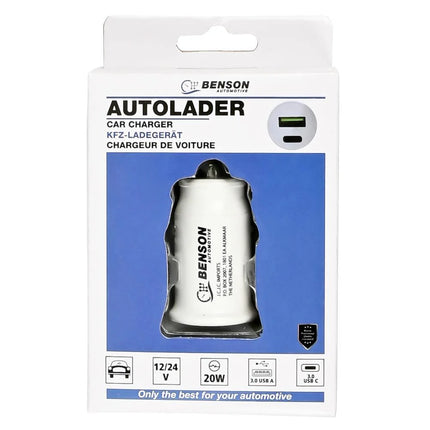 Benson Universele Autolader – USB-A & USB-C – 3A – 12/24V – Zwart
