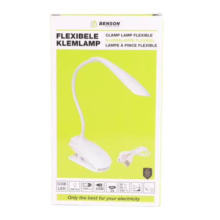 Benson Flexibele LED Klemlamp – 3 Lichtstanden – Touch Bediening – USB Oplaadbaar