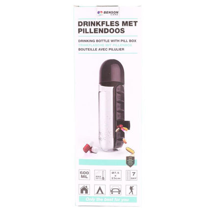 Benson Drinkfles met Pillendoos – 600 ml – 7 Dagen – Handige 2-in-1 Set